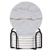 Set Of 6 Beverage Coasters With Stand Round 4in Ceramic Coaster With Metal Stand Absorbent Marble Stone Coaster With Cork Base