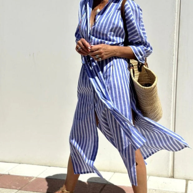 Striped Shirt Dress With Belt Fashion Half-sleeved Lapel Button Cardigan Dress