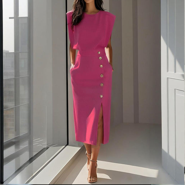 Women's Solid Color Round Neck Short Sleeve Dress With Side Slit