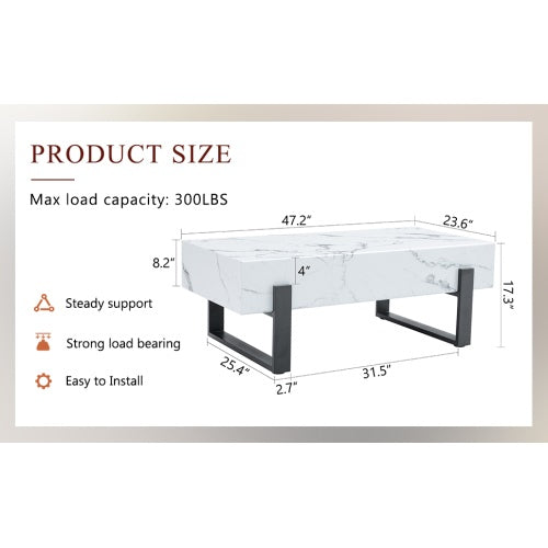 Black and White Minimalist MDF Marble-Patterned Coffee Table.