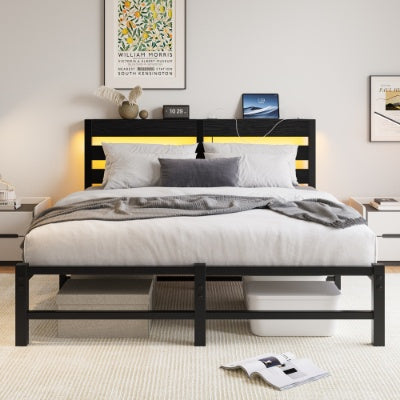 Queen Size Metal Bed Frame With Wooden Headboard and RGB lights