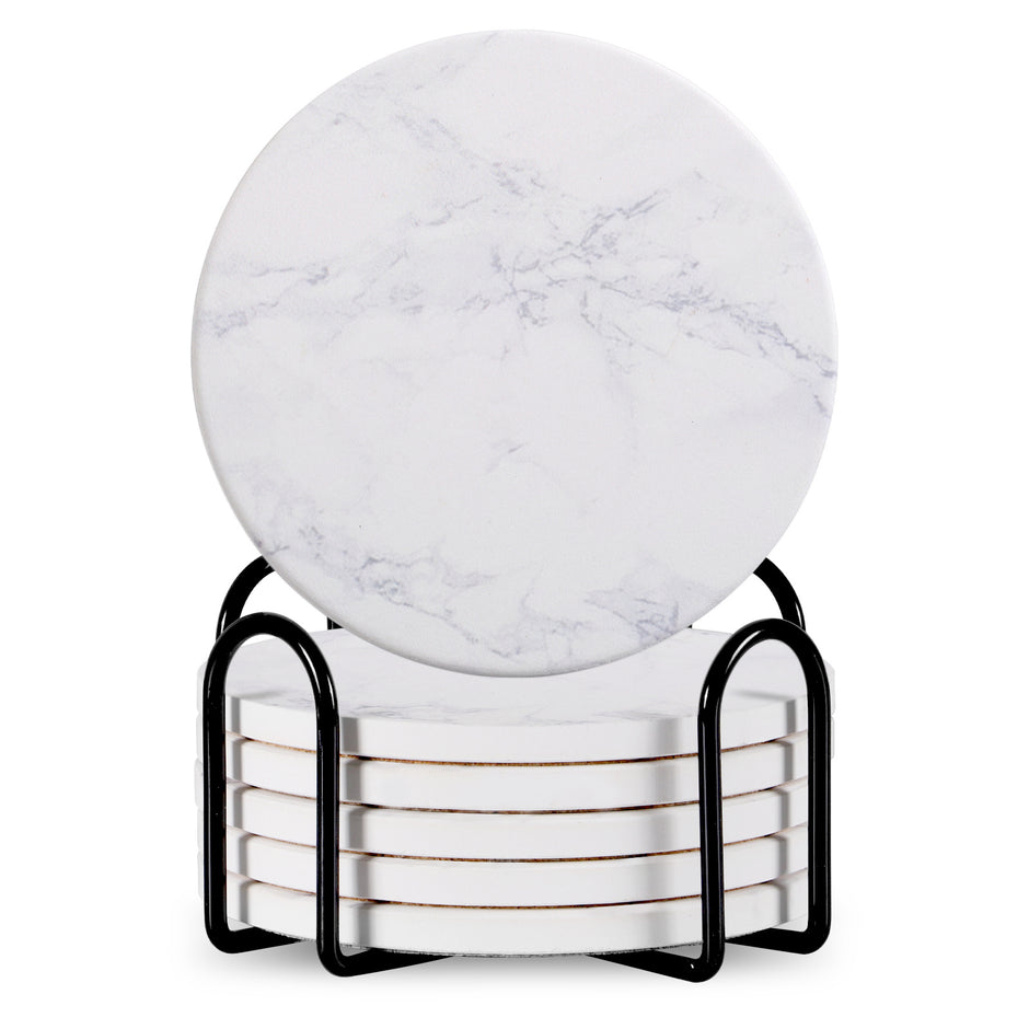 Set Of 6 Beverage Coasters With Stand Round 4in Ceramic Coaster With Metal Stand Absorbent Marble Stone Coaster With Cork Base