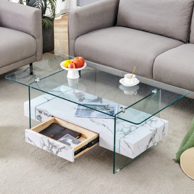 Modern Two-Tier Clear Tempered Glass And Black Marble Texture