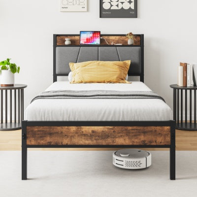 Twin Size Bed Frame, Storage Headboard With Charging Station