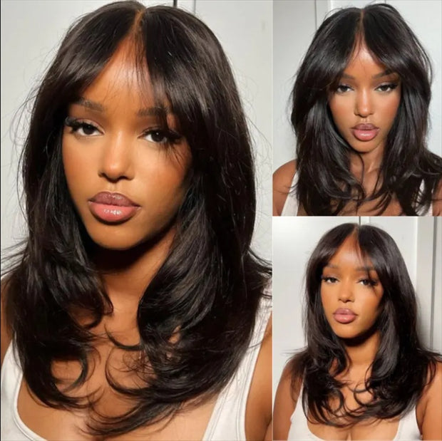 9x6 Lace Wavy Layer Cut Non-Glue Wig With Curtain Bangs Black Female Human Hair Wig