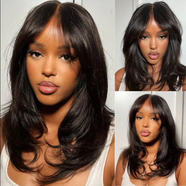 9x6 Lace Wavy Layer Cut Non-Glue Wig With Curtain Bangs Black Female Human Hair Wig