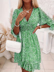V-neck Printed Dress With Ruffled Sleeves