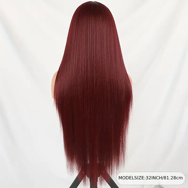 High Temperature Resistant Burgundy Long Straight Lace Non-toxic Wig