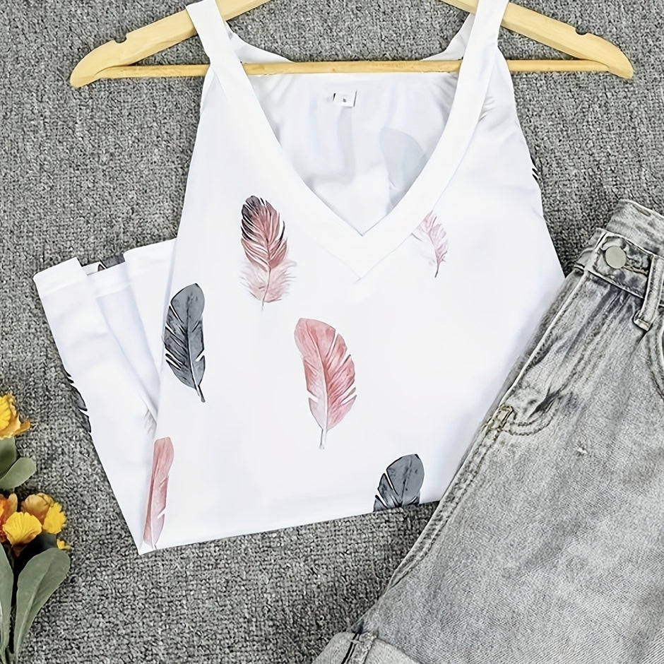 Ladies' V-neck Feather Print