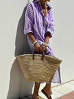 Striped Shirt Dress With Belt Fashion Half-sleeved Lapel Button Cardigan Dresses Women's Clothing