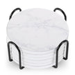 Set Of 6 Beverage Coasters With Stand Round 4in Ceramic Coaster With Metal Stand Absorbent Marble Stone Coaster With Cork Base