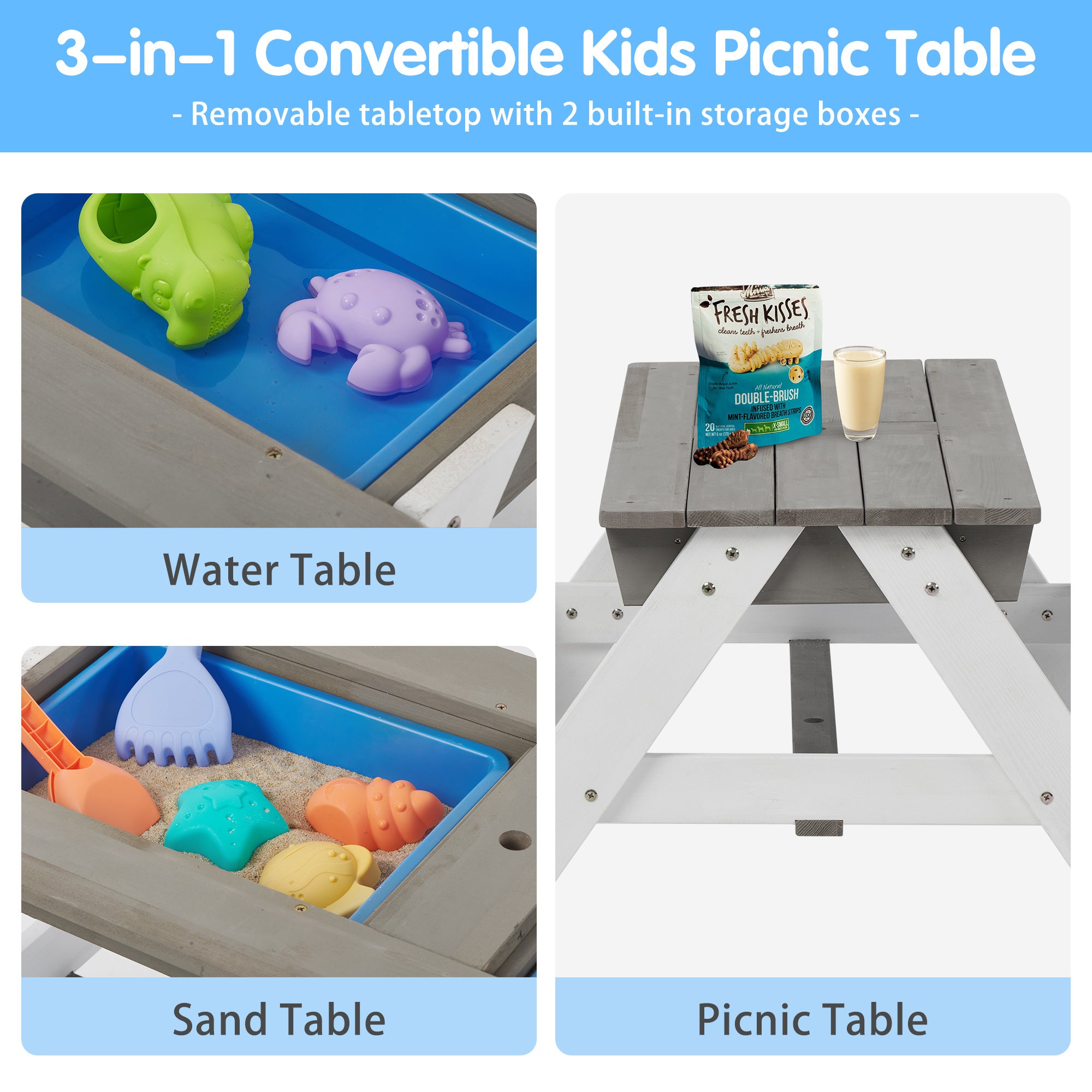 3-in-1 Children's Outdoor Wooden Picnic Table With Umbrella