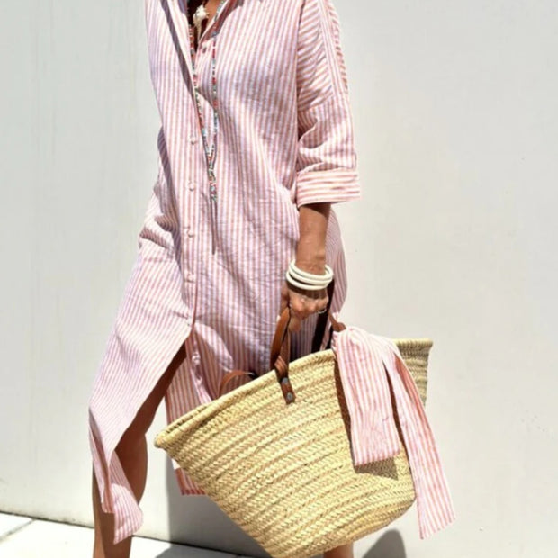 Striped Shirt Dress With Belt Fashion Half-sleeved Lapel Button Cardigan Dress