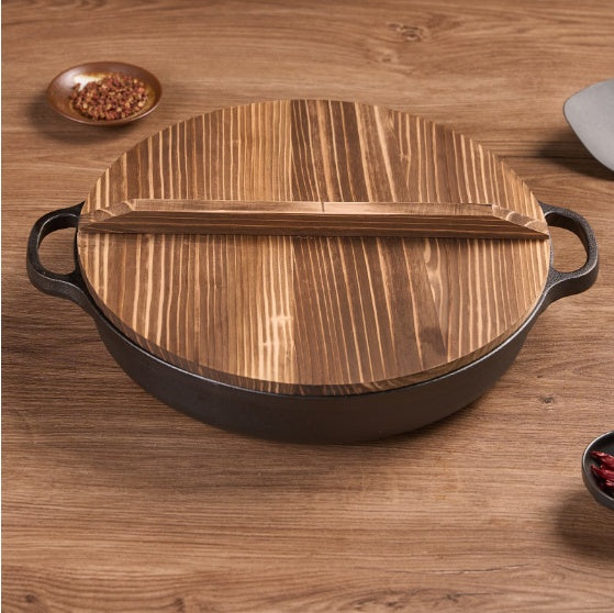 11 Cast Iron Wok With Dual Handles And Wooden Lid, Uncoated Frying Pan