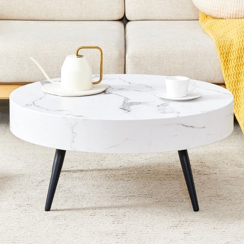 White Marble-Patterned Round Coffee Table