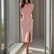 Women's Solid Color Round Neck Short Sleeve Dress With Side Slit