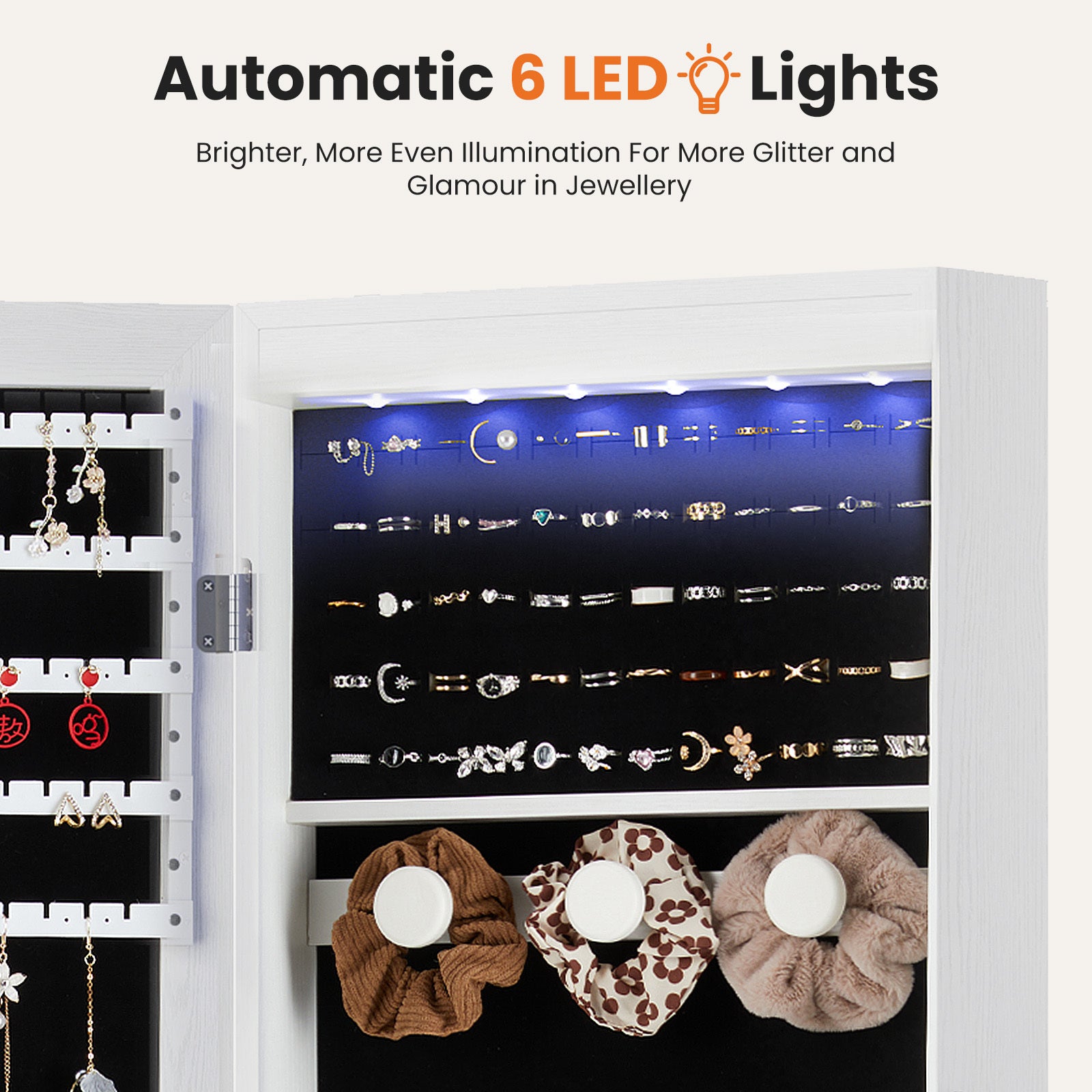 Wall-door Mounted Jewelry Wardrobe Large Capacity Mirror And LED Light Lockable Organizer