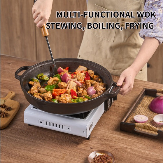 11 Cast Iron Wok With Dual Handles And Wooden Lid, Uncoated Frying Pan