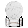 Set Of 6 Beverage Coasters With Stand Round 4in Ceramic Coaster With Metal Stand Absorbent Marble Stone Coaster With Cork Base