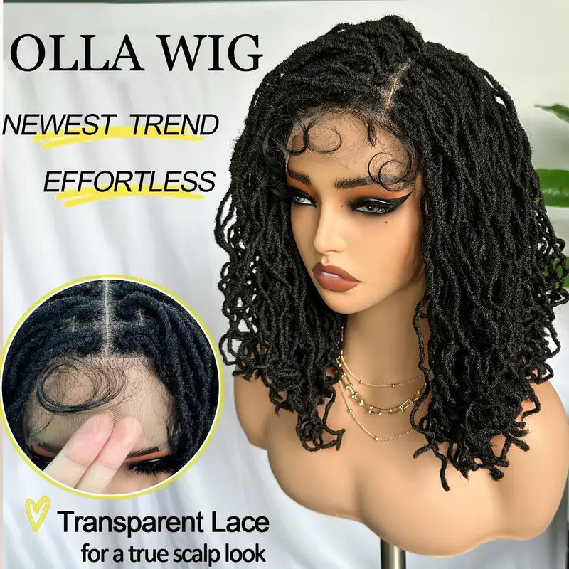 4x4 Lace Front Braided Wig Curly Mini Faux Locs Ombre Brown