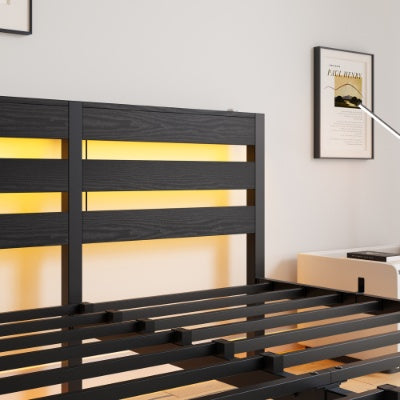 Queen Size Metal Bed Frame With Wooden Headboard and RGB lights