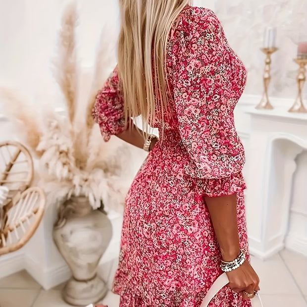 V-neck Printed Dress With Ruffled Sleeves