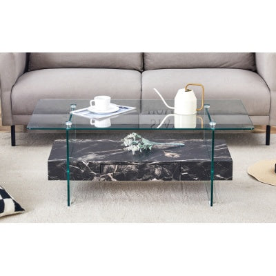 Modern Two-Tier Clear Tempered Glass And Black Marble Texture