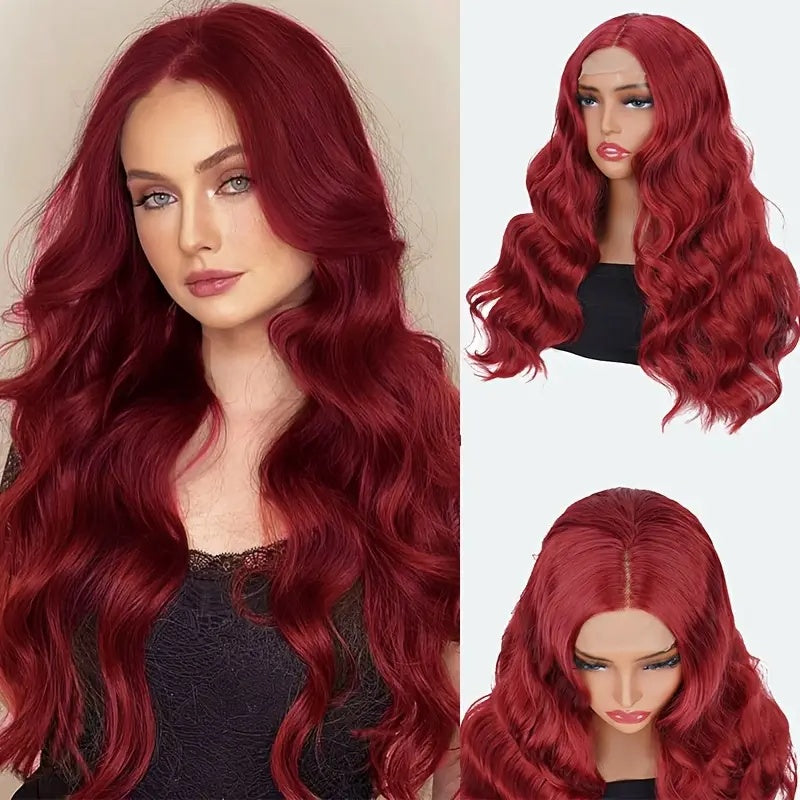 Elegant 24 Inch Red Wavy Synthetic Wig