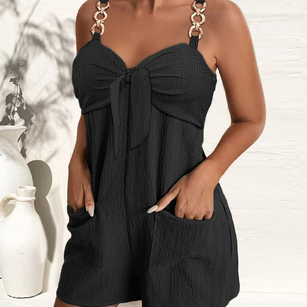 Women's Clothing Elegant Solid Color Metal Strap Pocket Short Casual Jumpsuit