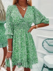 V-neck Printed Dress With Ruffled Sleeves
