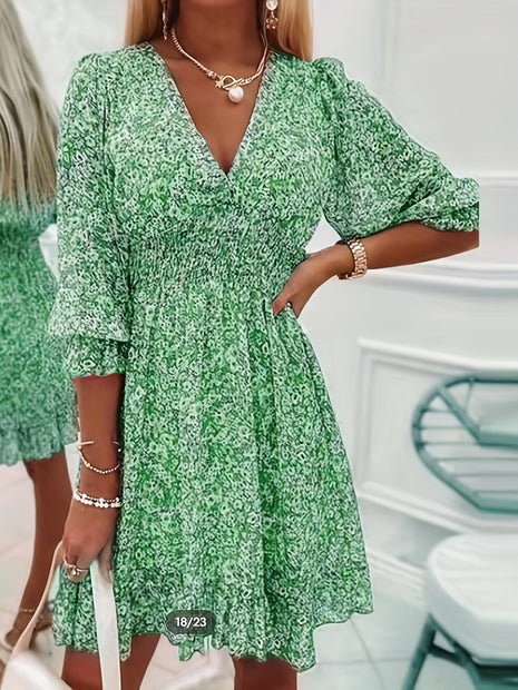 V-neck Printed Dress With Ruffled Sleeves
