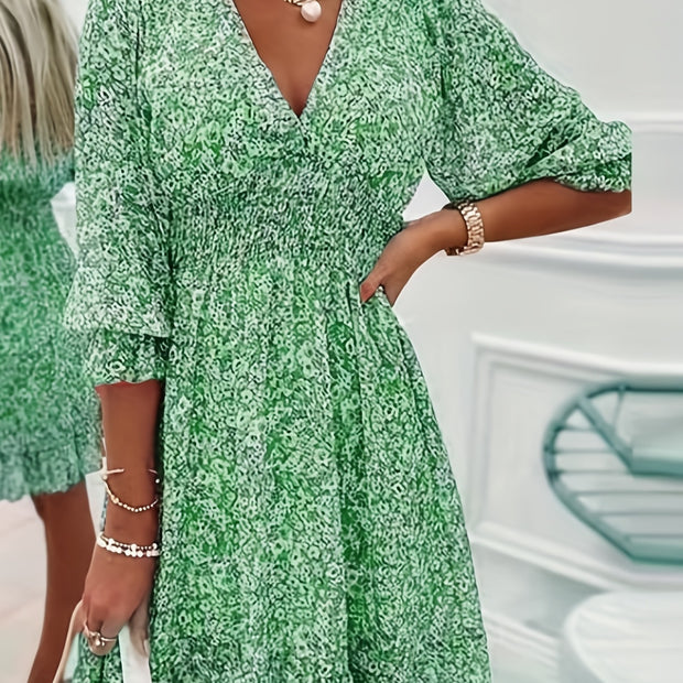 V-neck Printed Dress With Ruffled Sleeves